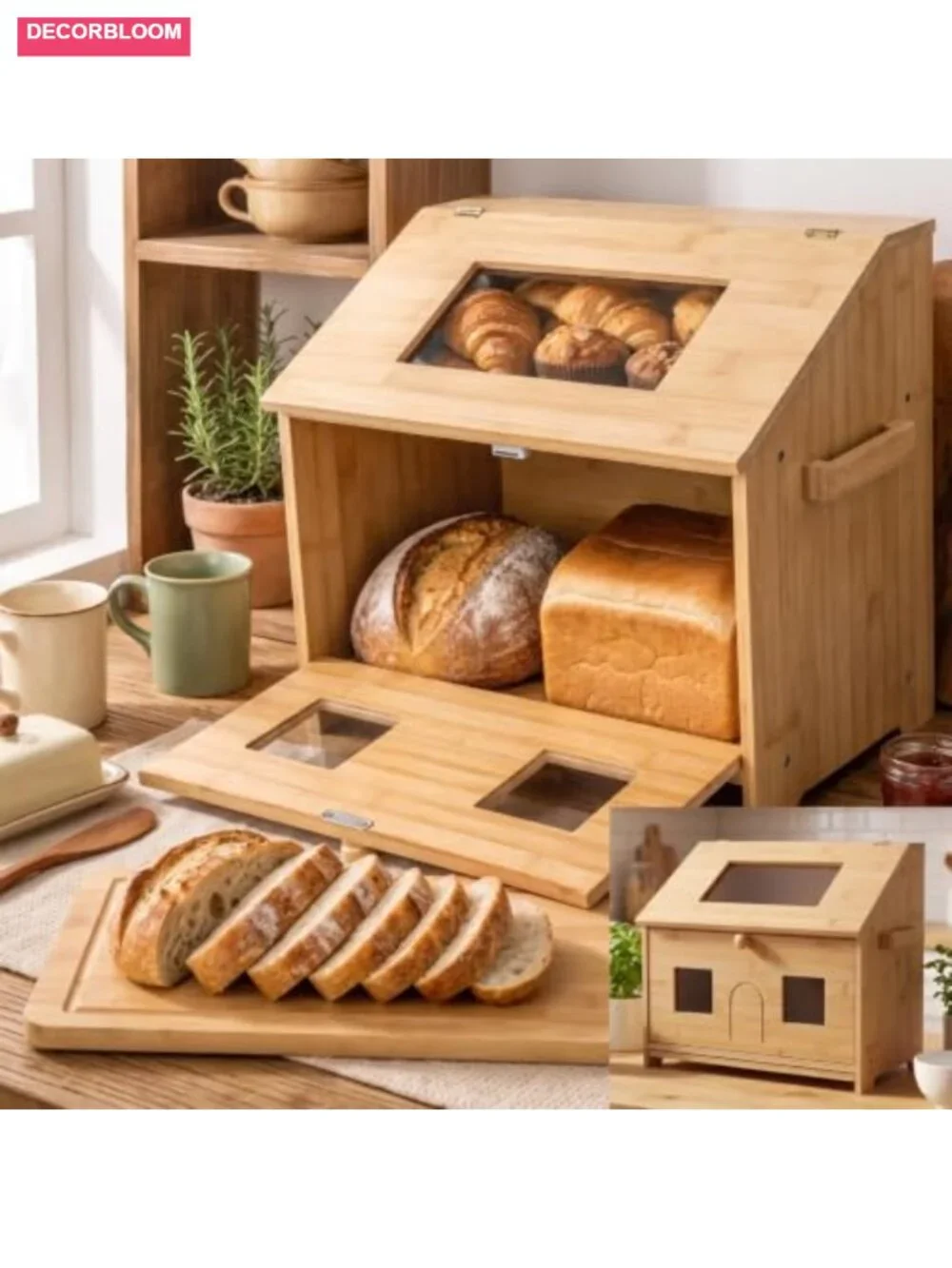 4-in-1 Bamboo Bread Box for Countertop: Store, Slice & Serve, 22.5L